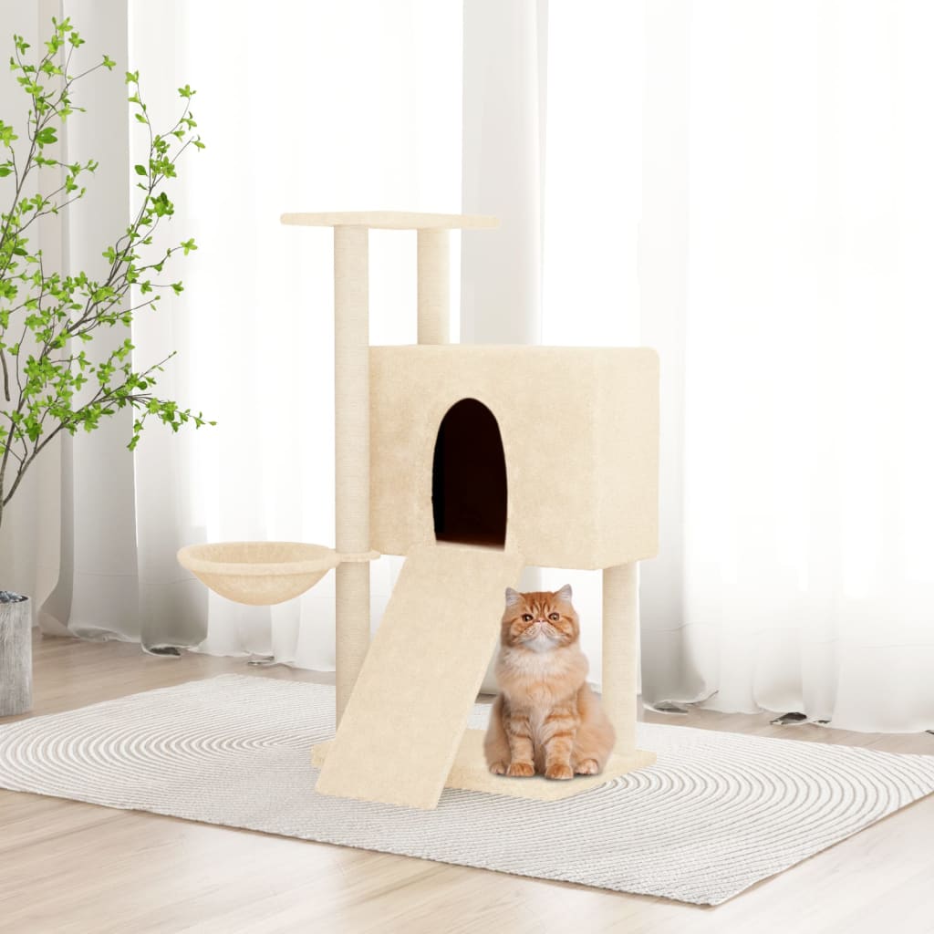 Cat house with sisal rope and scratching post, cream, 96 cm