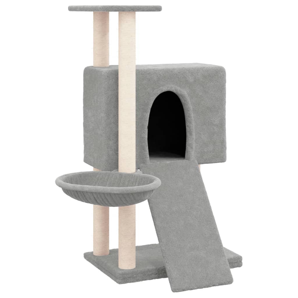 Cat house with sisal rope and scratching post, light grey, 96 cm