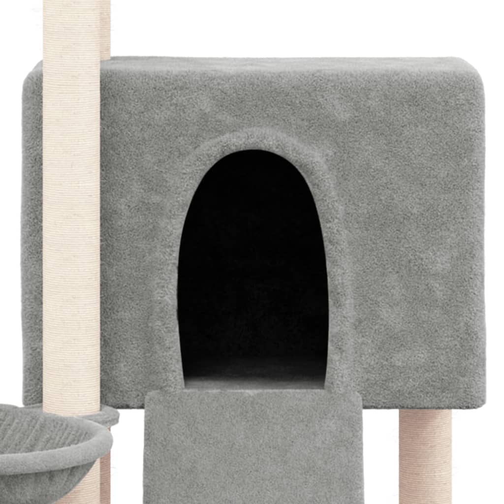 Cat house with sisal rope and scratching post, light grey, 96 cm