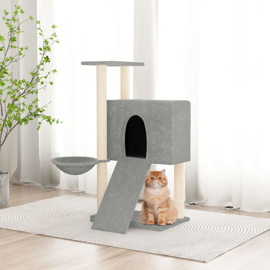 Cat house with sisal rope and scratching post, light grey, 96 cm