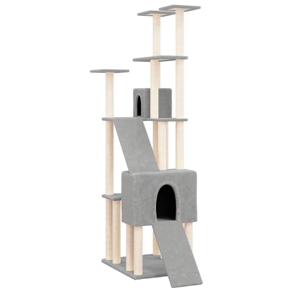 Cat house with sisal rope and scratching post, light grey, 190 cm