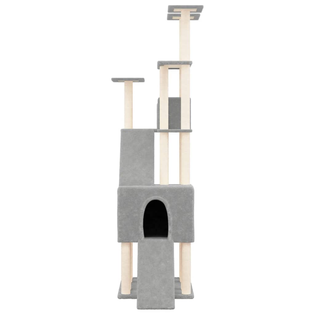 Cat house with sisal rope and scratching post, light grey, 190 cm