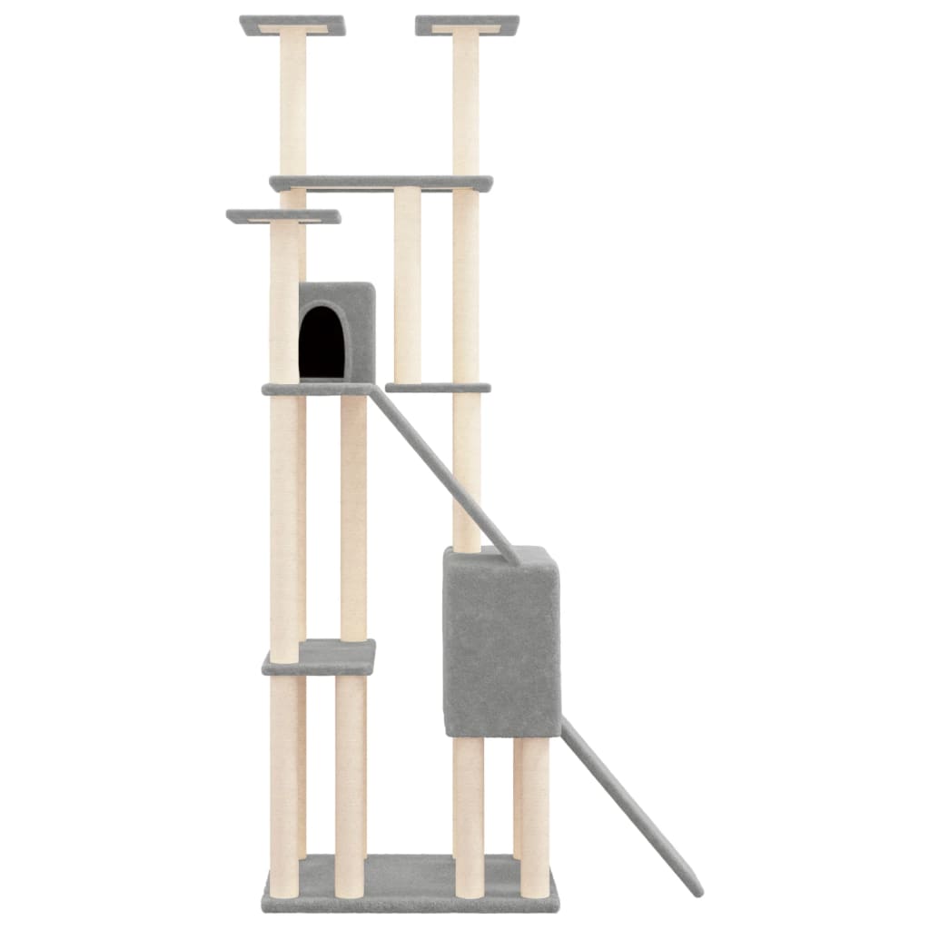 Cat house with sisal rope and scratching post, light grey, 190 cm