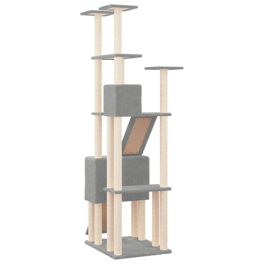 Cat house with sisal rope and scratching post, light grey, 190 cm