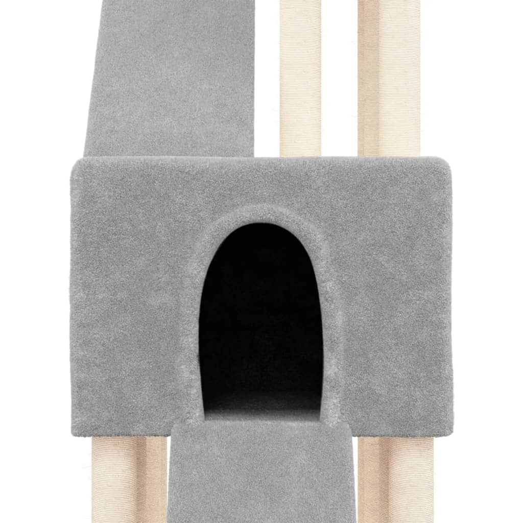 Cat house with sisal rope and scratching post, light grey, 190 cm