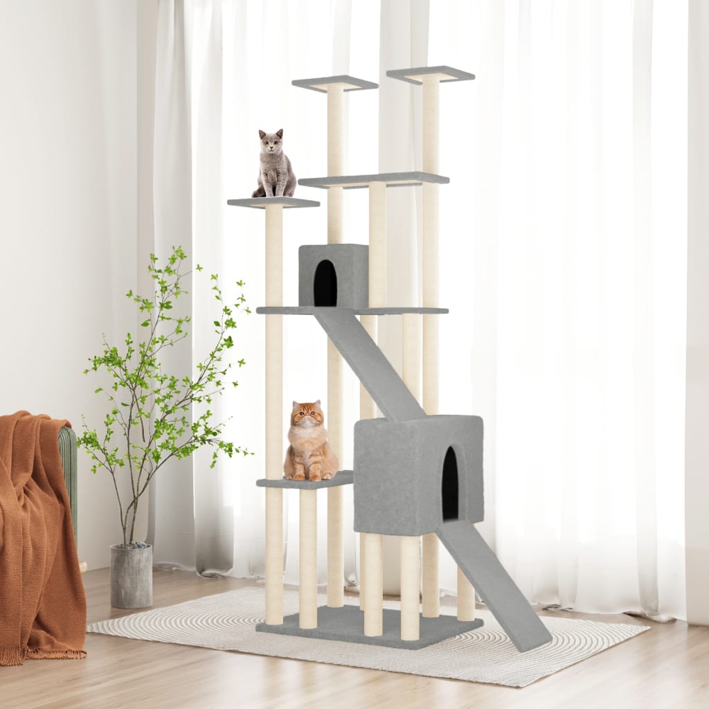 Cat house with sisal rope and scratching post, light grey, 190 cm