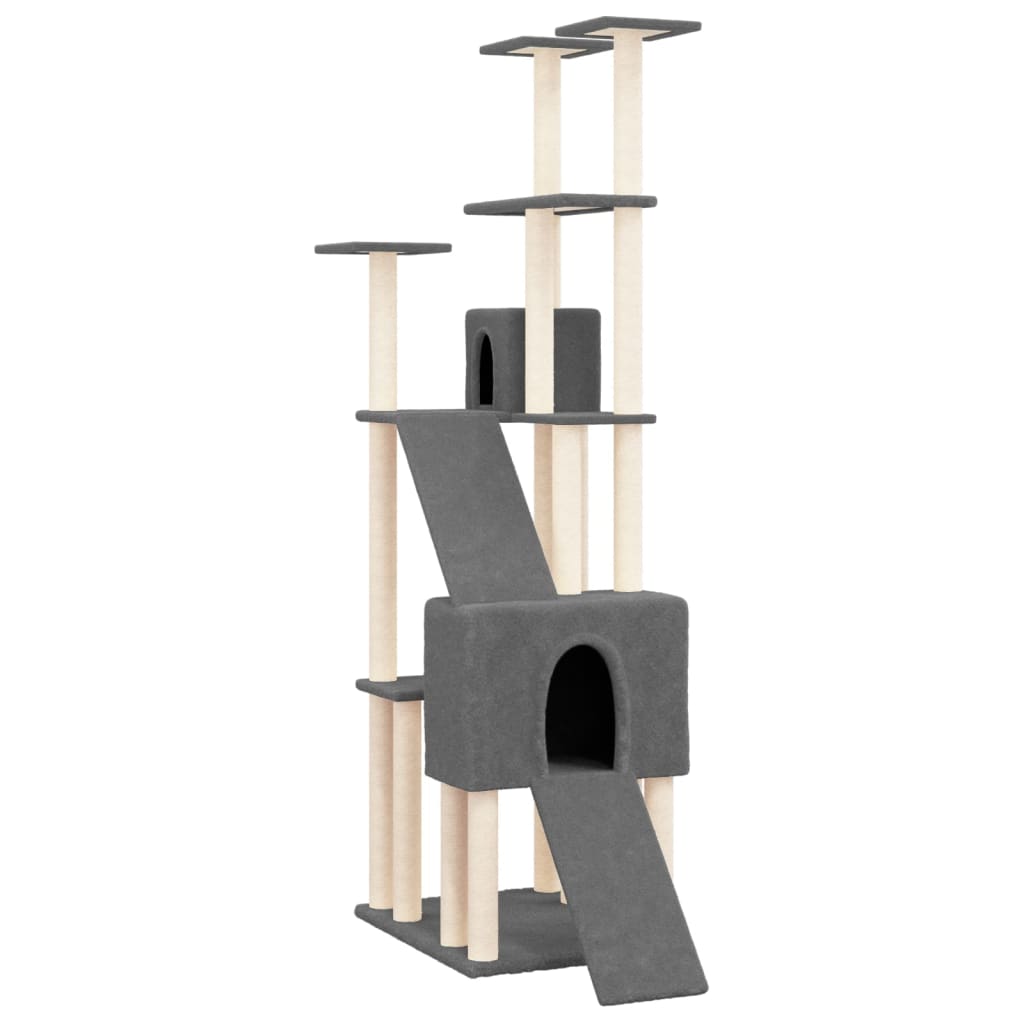 Cat house with sisal rope and scratching post, dark grey, 190 cm