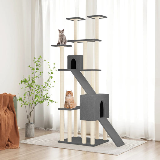 Cat house with sisal rope and scratching post, dark grey, 190 cm