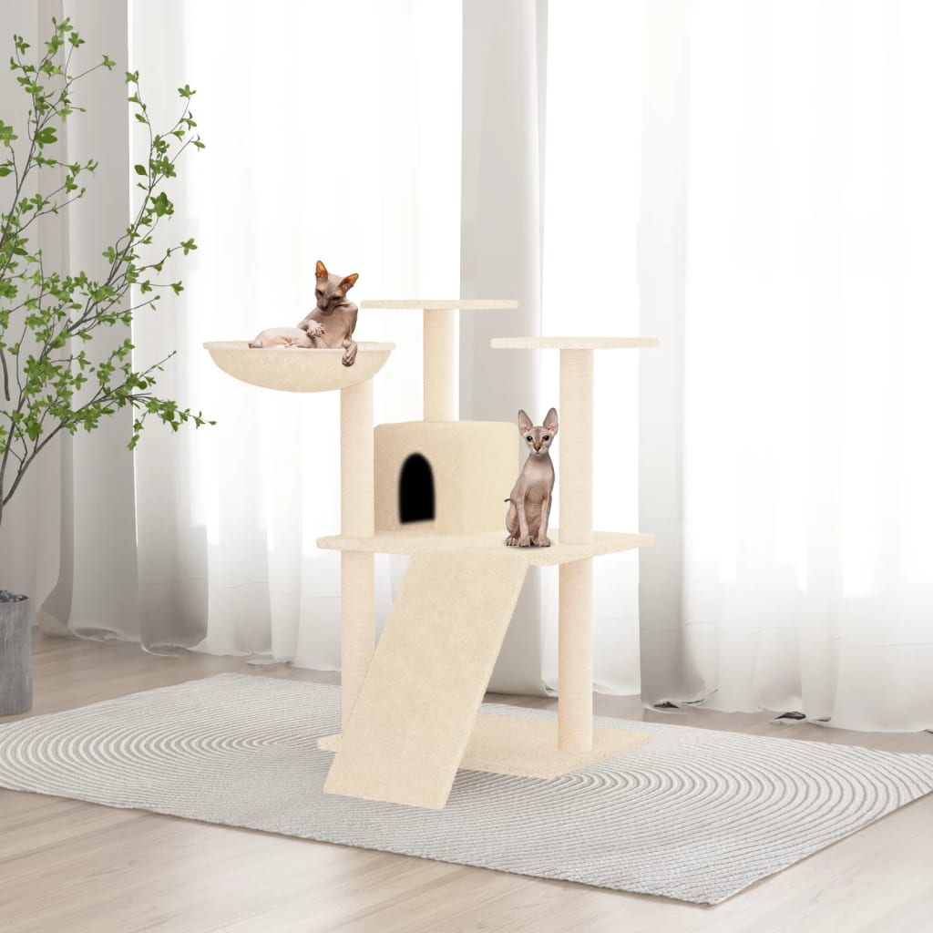 Cat house with sisal rope and scratching post, cream, 83 cm