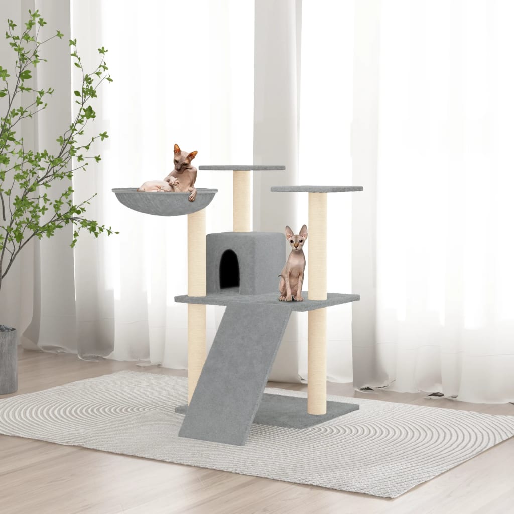 Cat house with sisal rope and scratching post, light grey, 83 cm