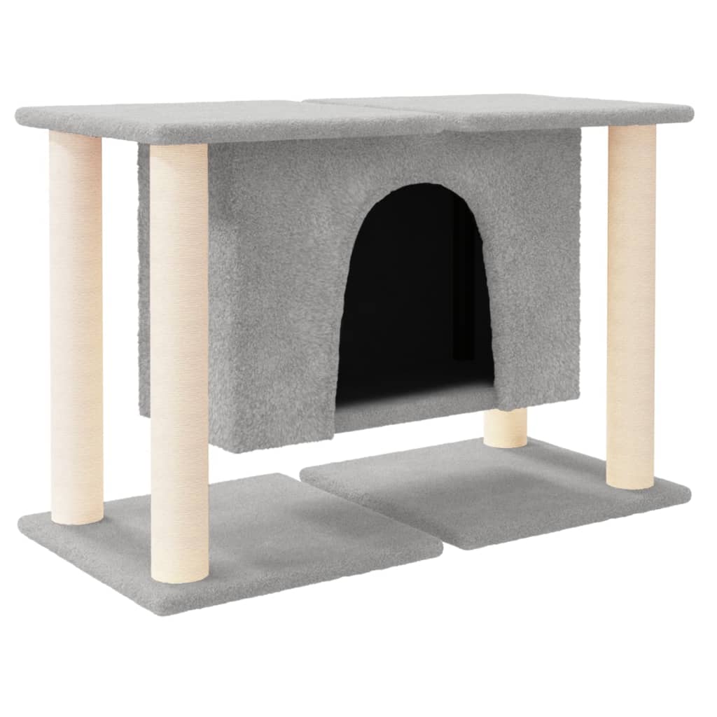 Cat house with sisal rope and scratching post, light grey, 50 cm