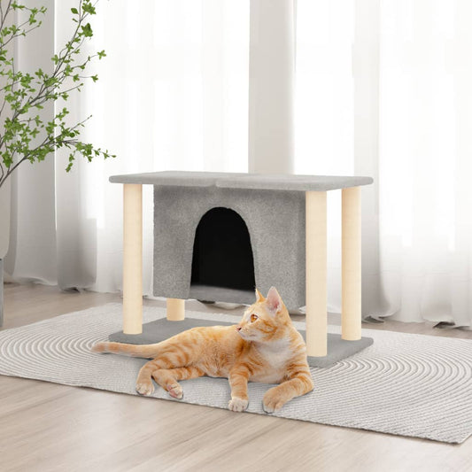 Cat house with sisal rope and scratching post, light grey, 50 cm