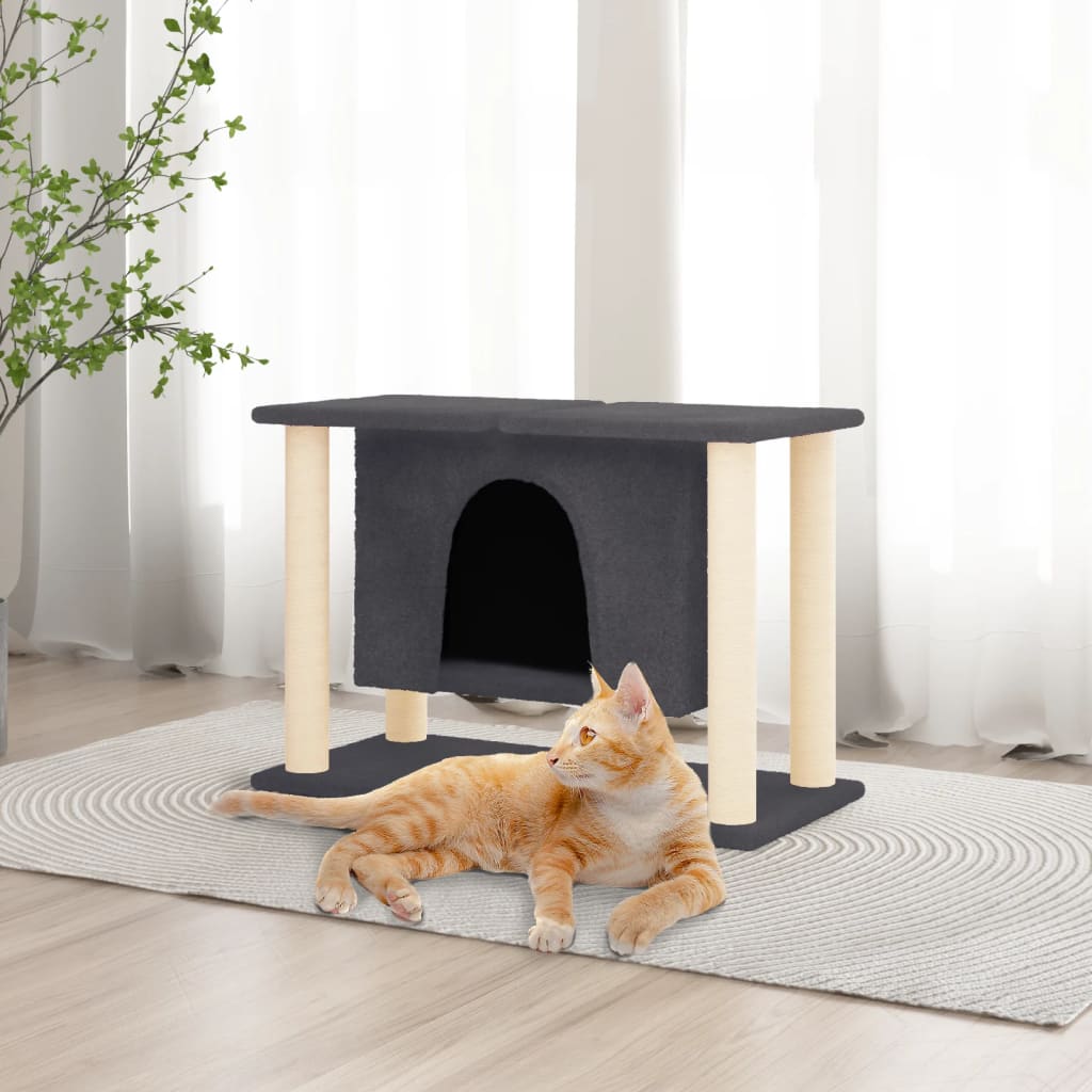 Cat house with sisal rope and scratching post, dark grey, 50 cm