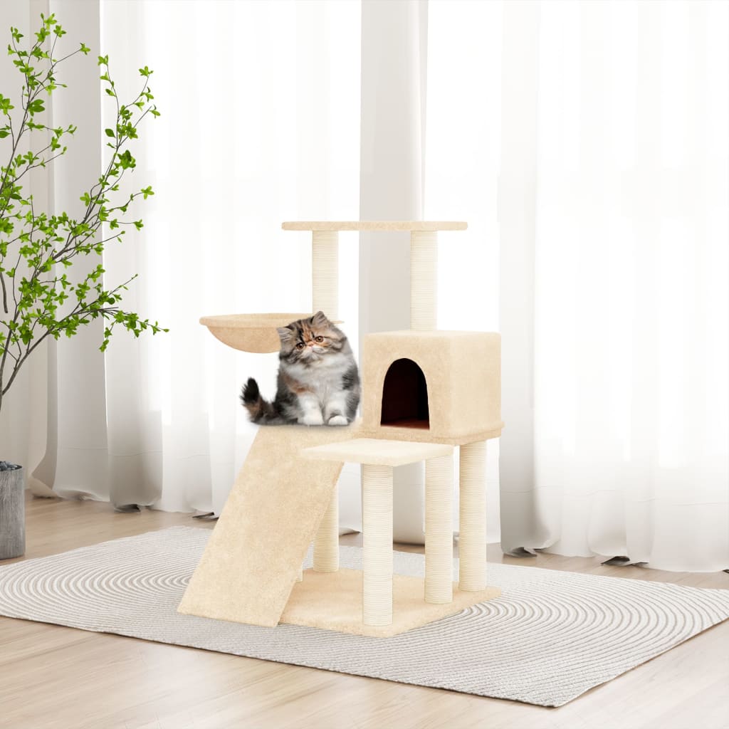 Cat house with sisal rope and scratching post, cream, 82 cm