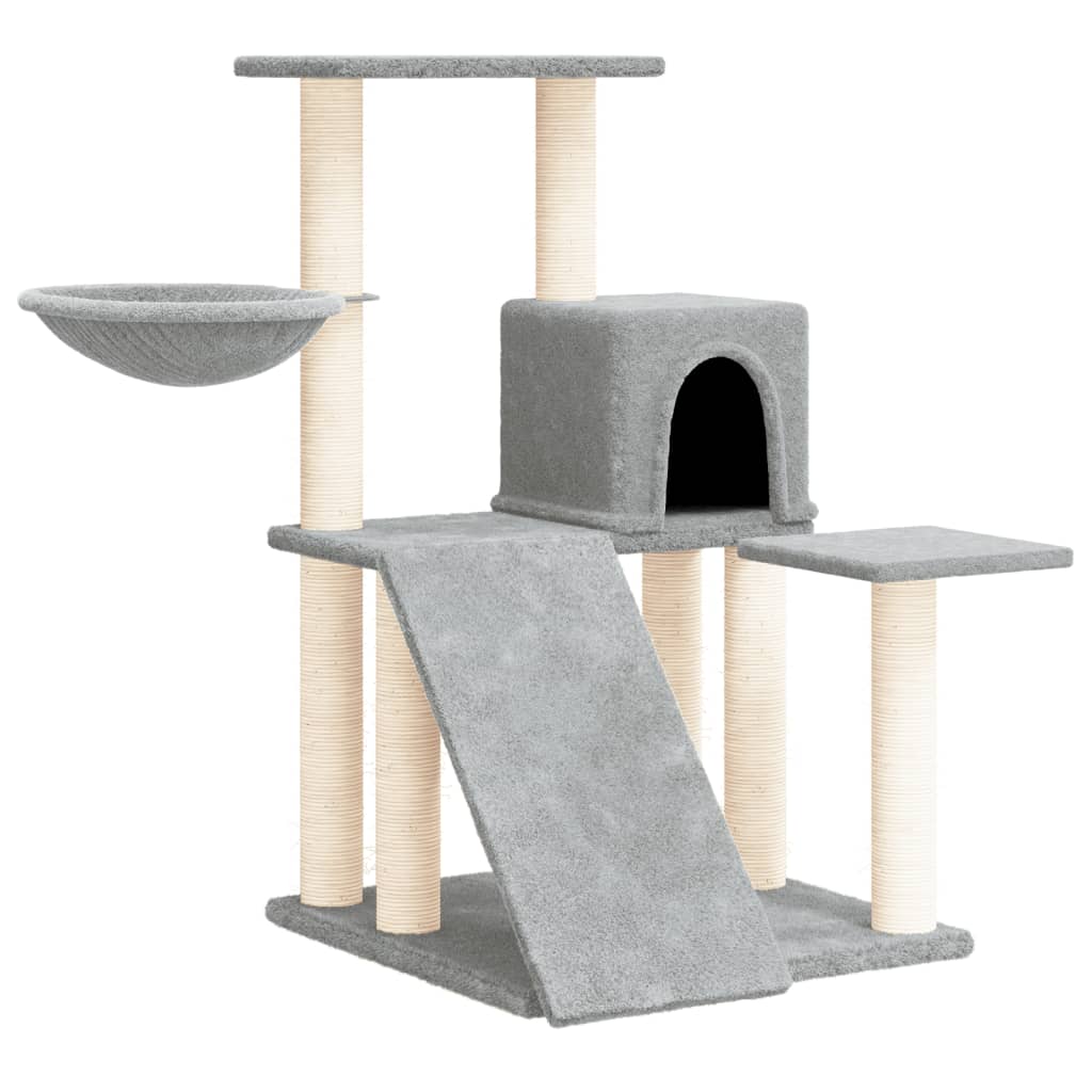 Cat house with sisal rope and scratching post, light grey, 82 cm