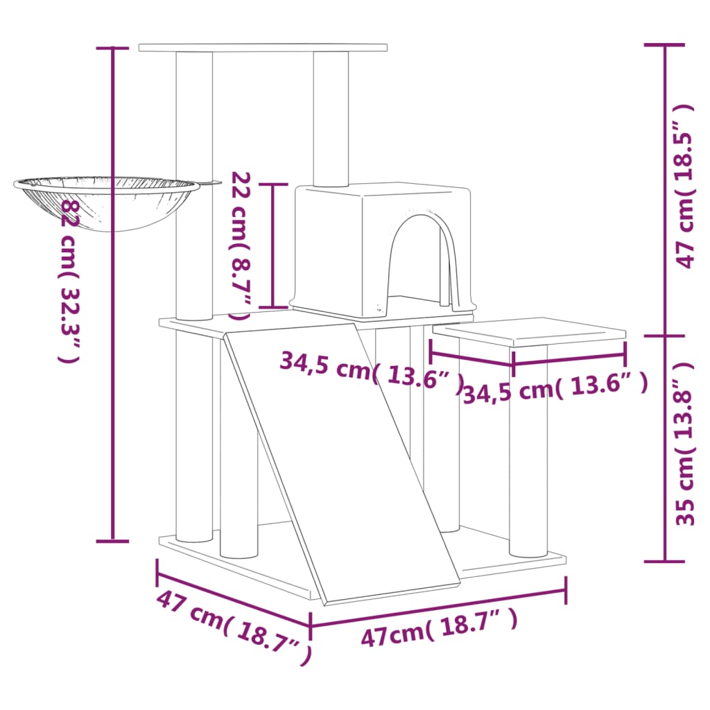 Cat house with sisal rope and scratching post, light grey, 82 cm