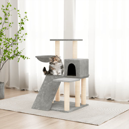 Cat house with sisal rope and scratching post, light grey, 82 cm