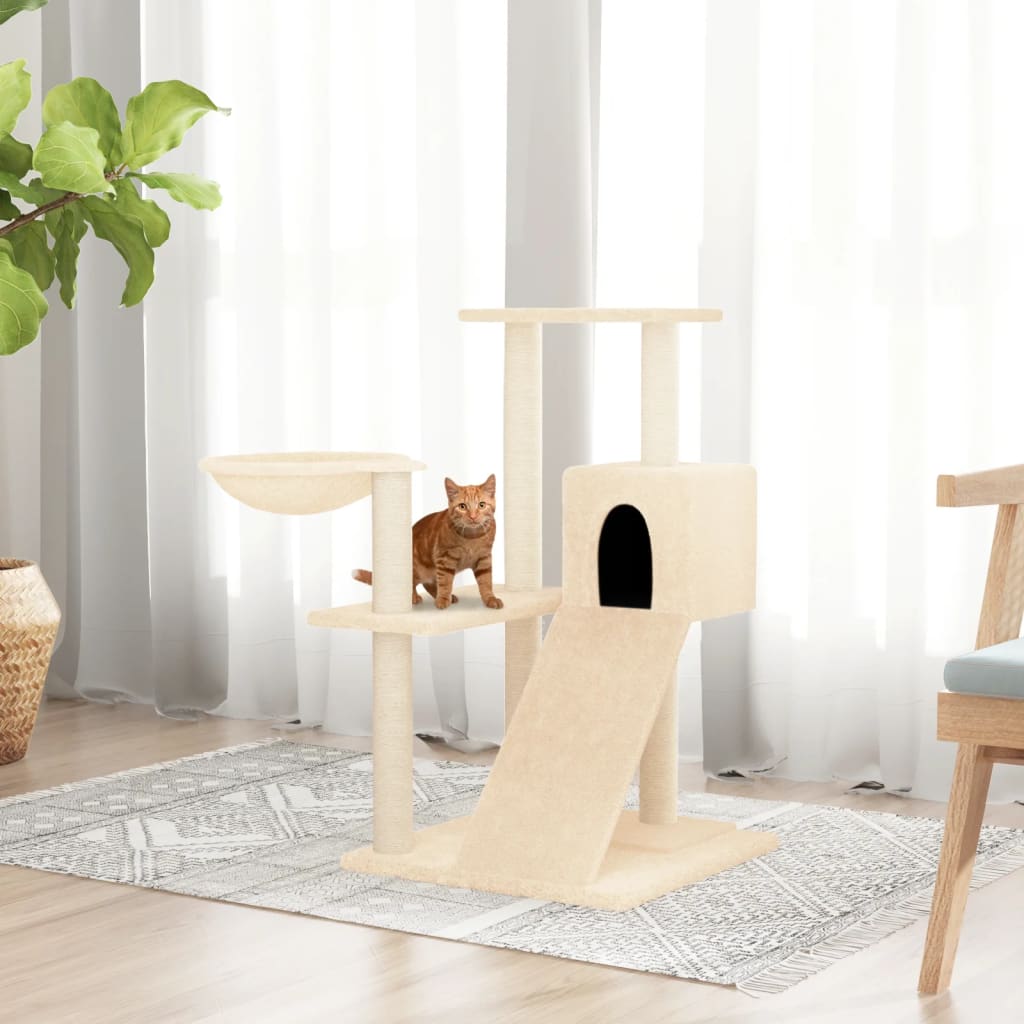 Cat house with sisal rope and scratching post, cream, 82 cm