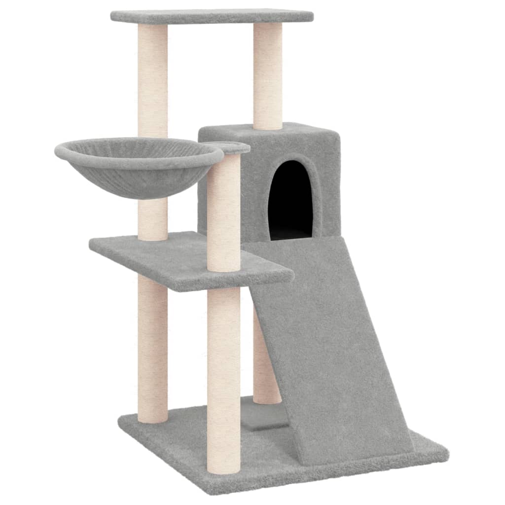 Cat house with sisal rope and scratching post, light grey, 82 cm