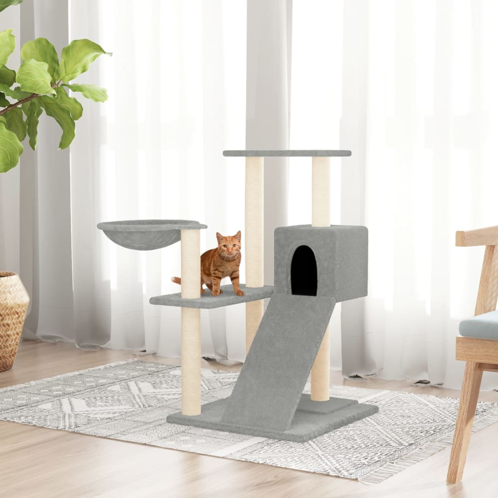 Cat house with sisal rope and scratching post, light grey, 82 cm