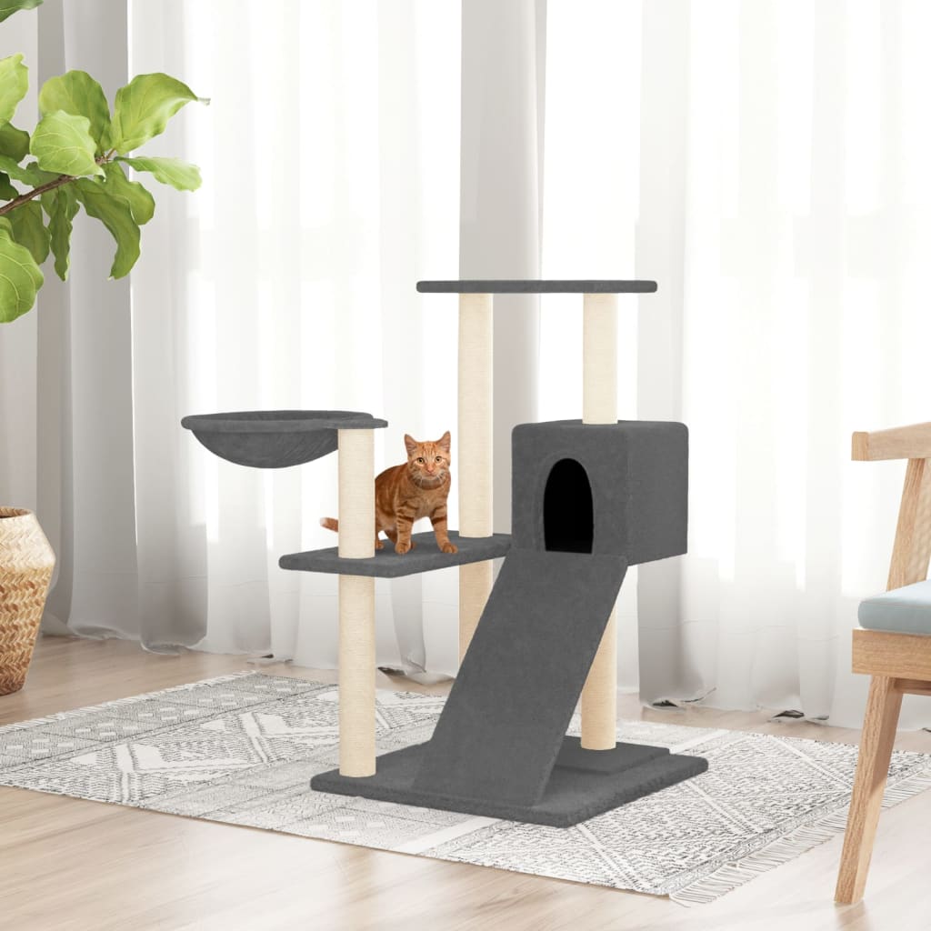 Cat house with sisal rope and scratching post, dark grey, 82 cm