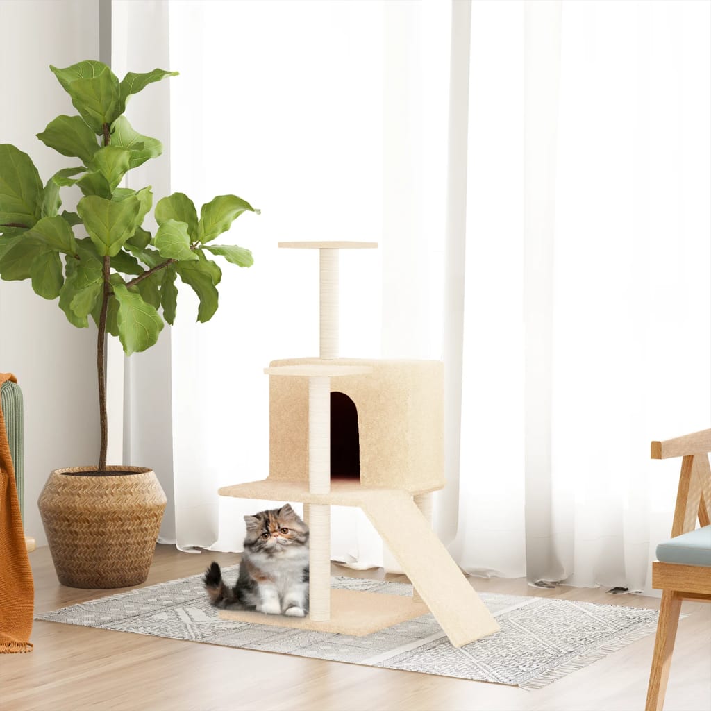 Cat house with sisal rope and scratching post, cream, 109 cm