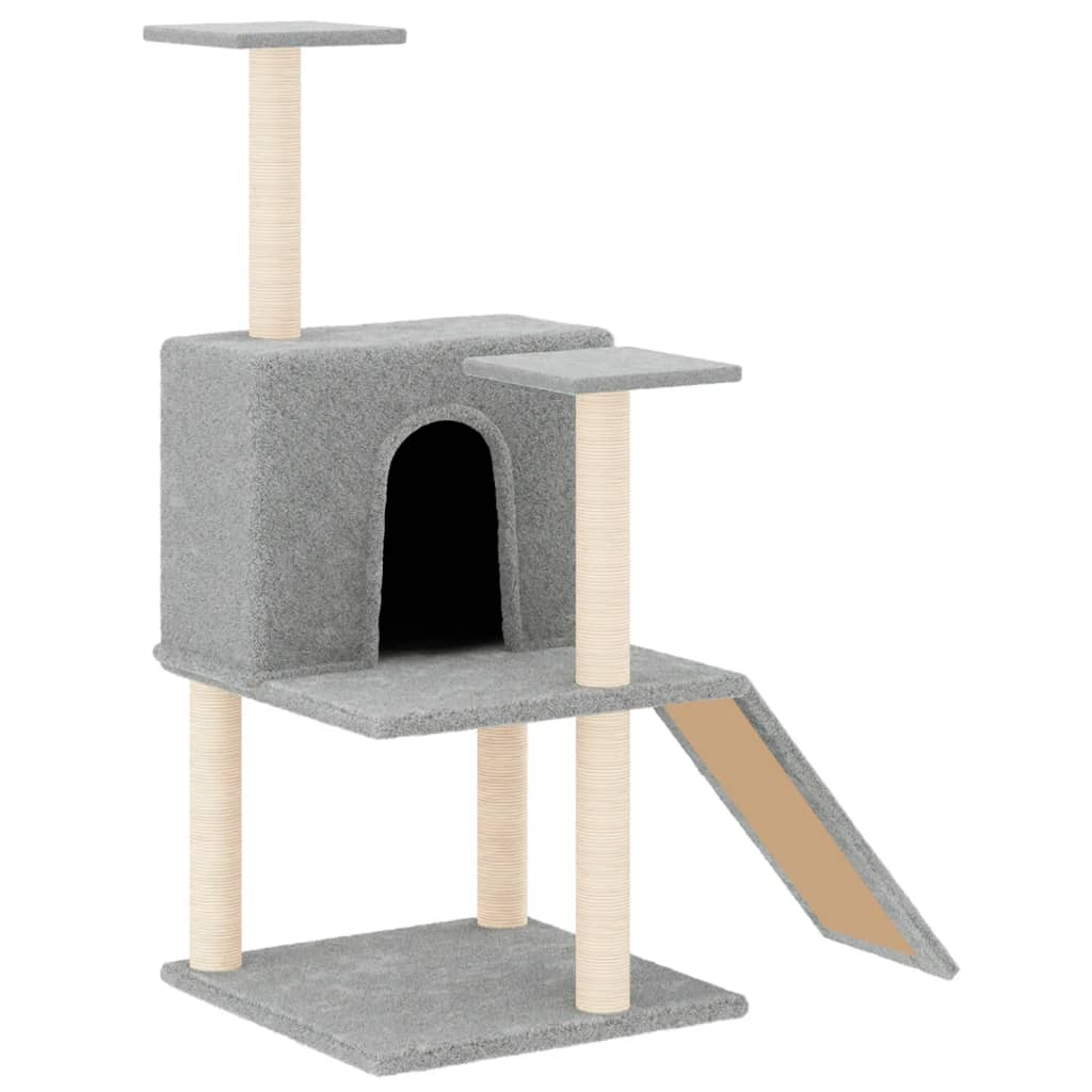 Cat house with sisal rope and scratching post, light grey, 109 cm