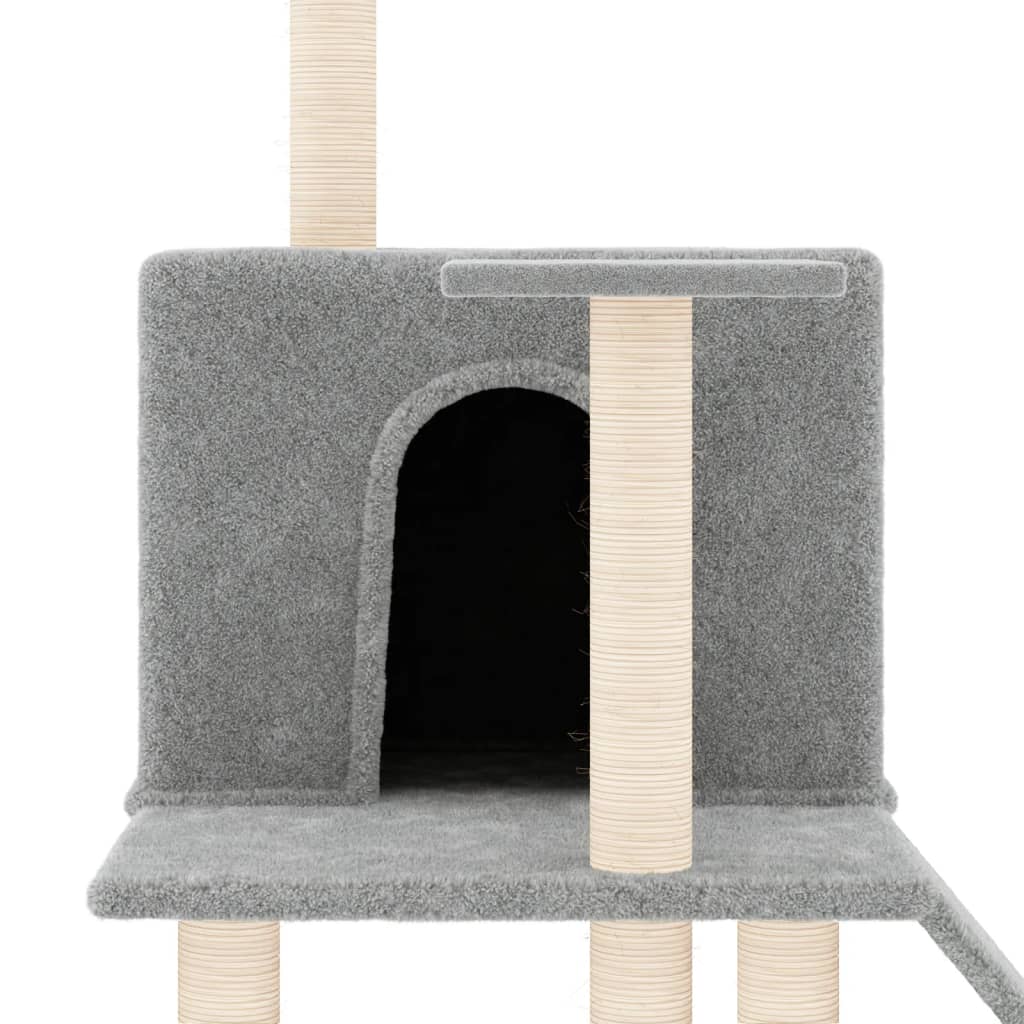 Cat house with sisal rope and scratching post, light grey, 109 cm