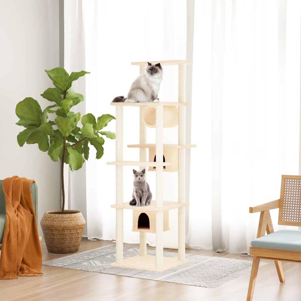 Cat house with sisal rope and scratching post, cream, 169 cm