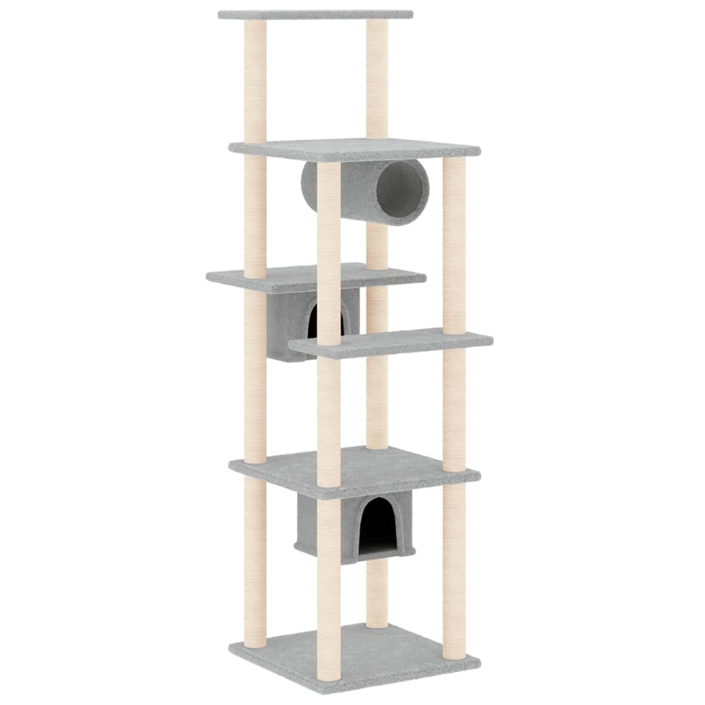 Cat house with sisal rope and scratching post, light grey, 169 cm