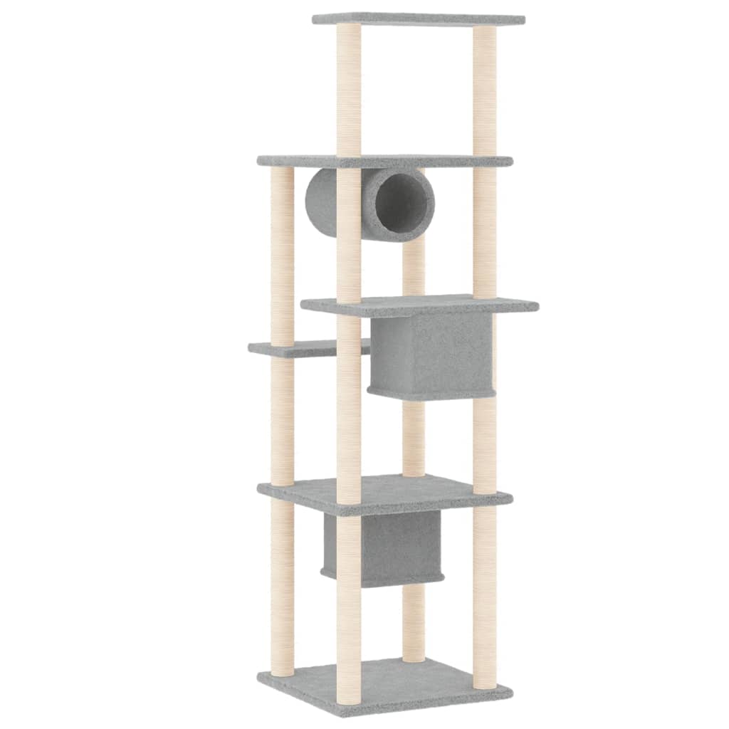 Cat house with sisal rope and scratching post, light grey, 169 cm