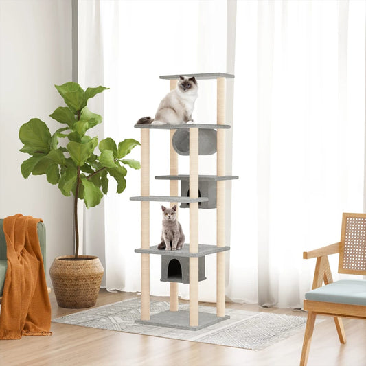 Cat house with sisal rope and scratching post, light grey, 169 cm