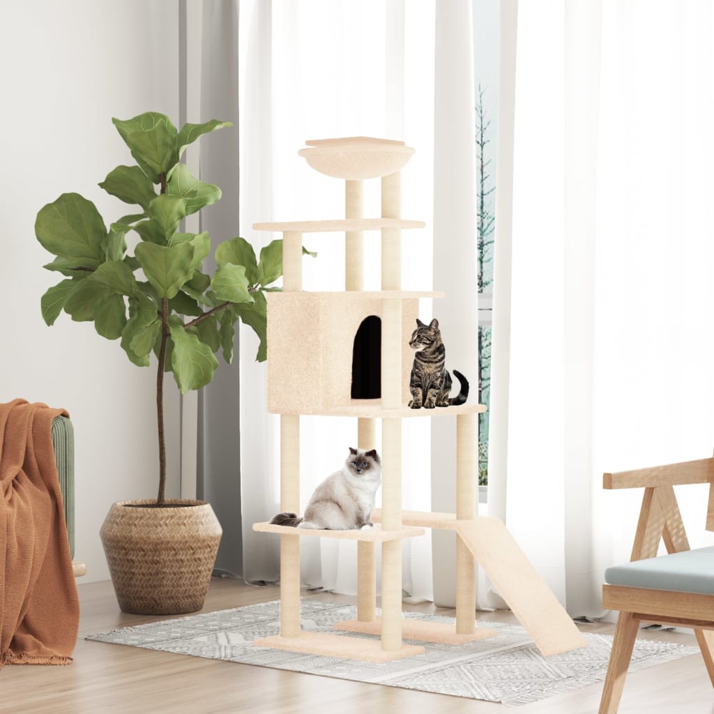 Cat house with sisal rope and scratching post, cream, 166 cm