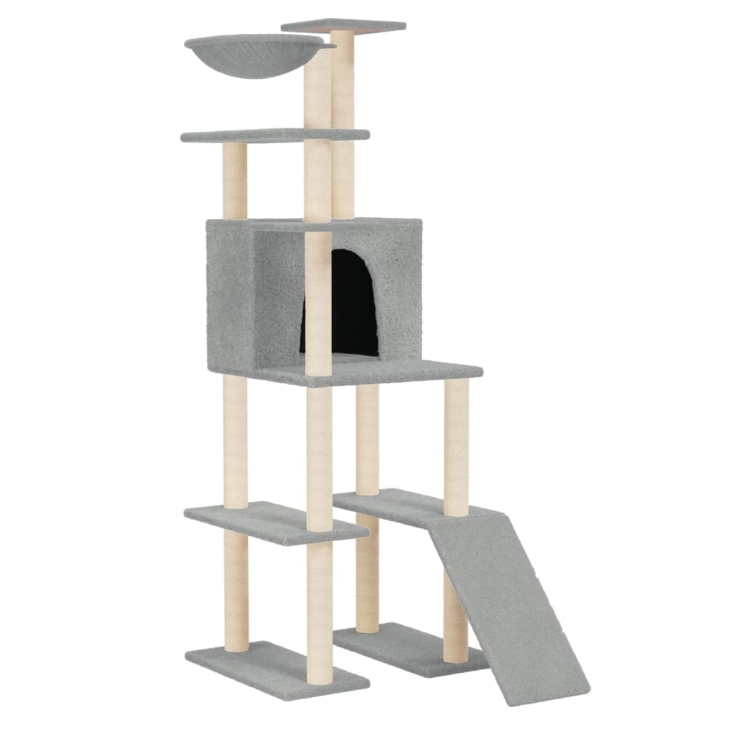 Cat house with sisal rope and scratching post, light grey, 166 cm