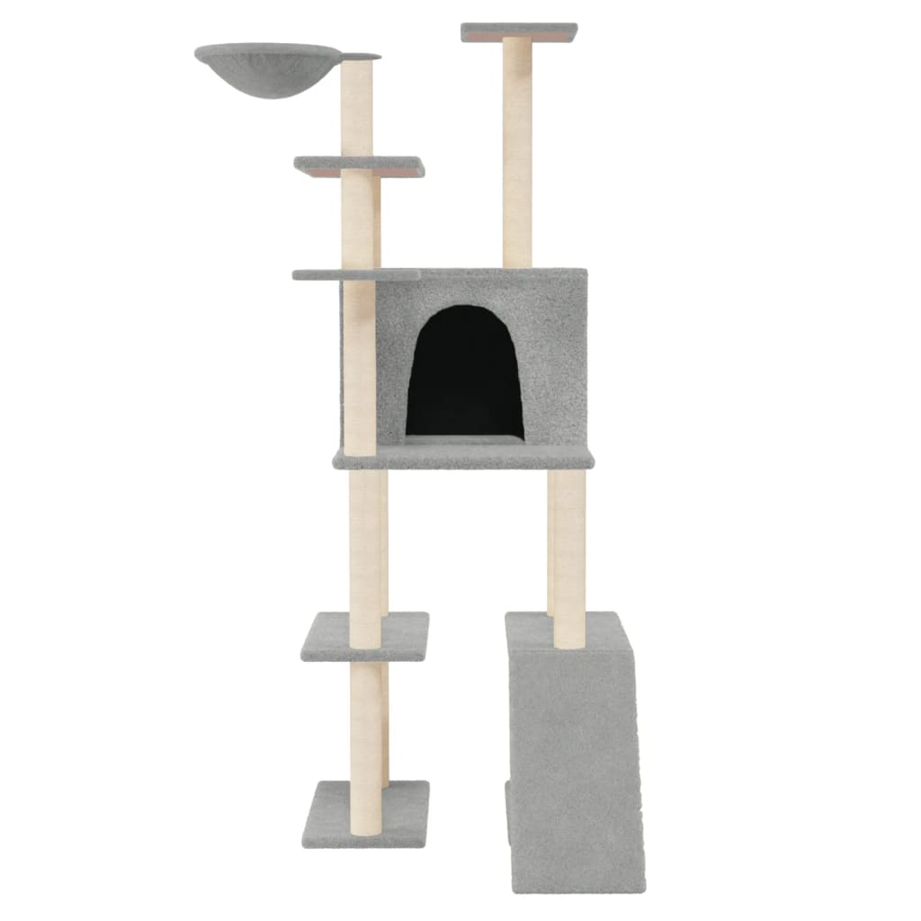 Cat house with sisal rope and scratching post, light grey, 166 cm