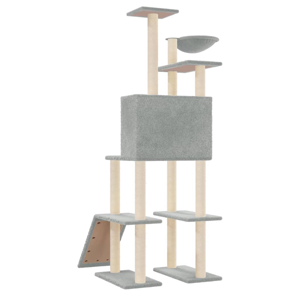 Cat house with sisal rope and scratching post, light grey, 166 cm