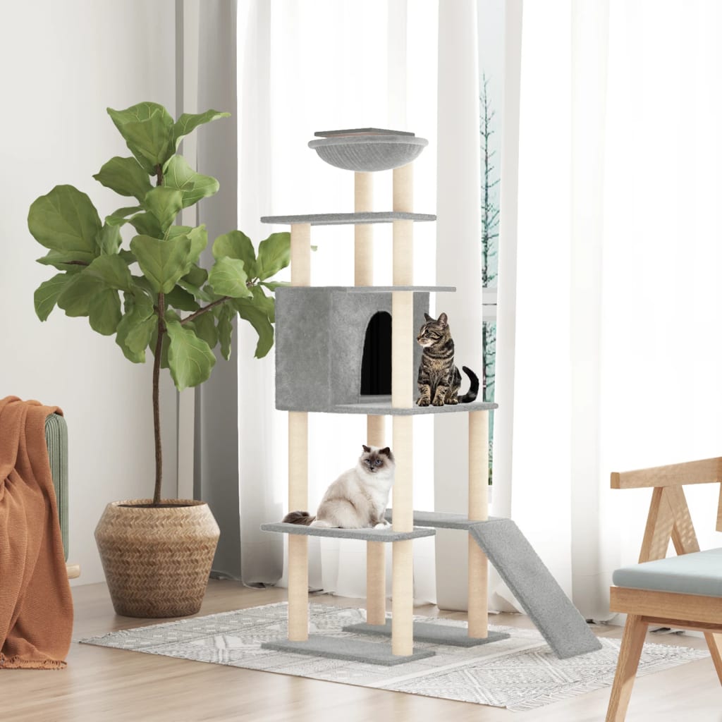 Cat house with sisal rope and scratching post, light grey, 166 cm