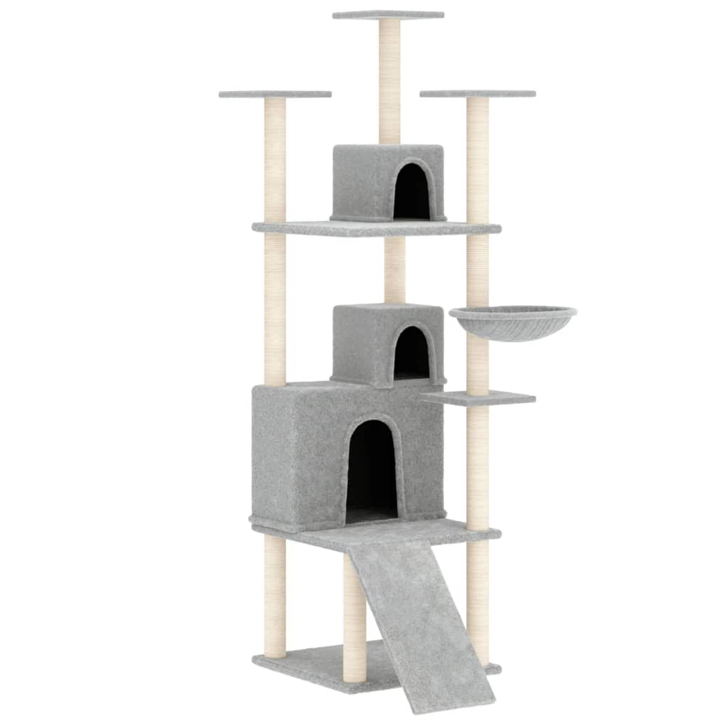 Cat house with sisal rope and scratching post, light grey, 175 cm