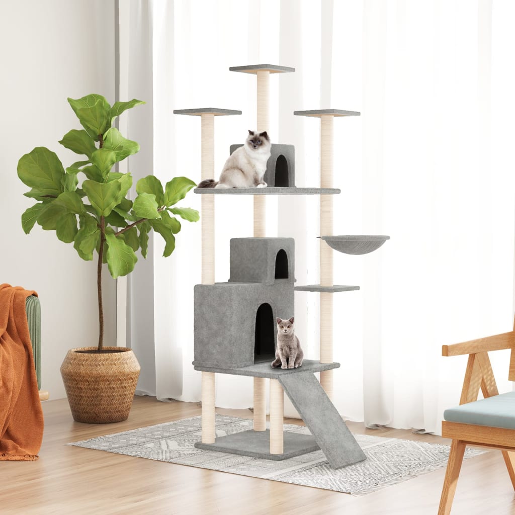 Cat house with sisal rope and scratching post, light grey, 175 cm