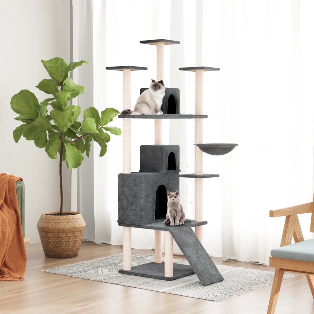 Cat house with sisal rope scratching post, dark grey, 175 cm