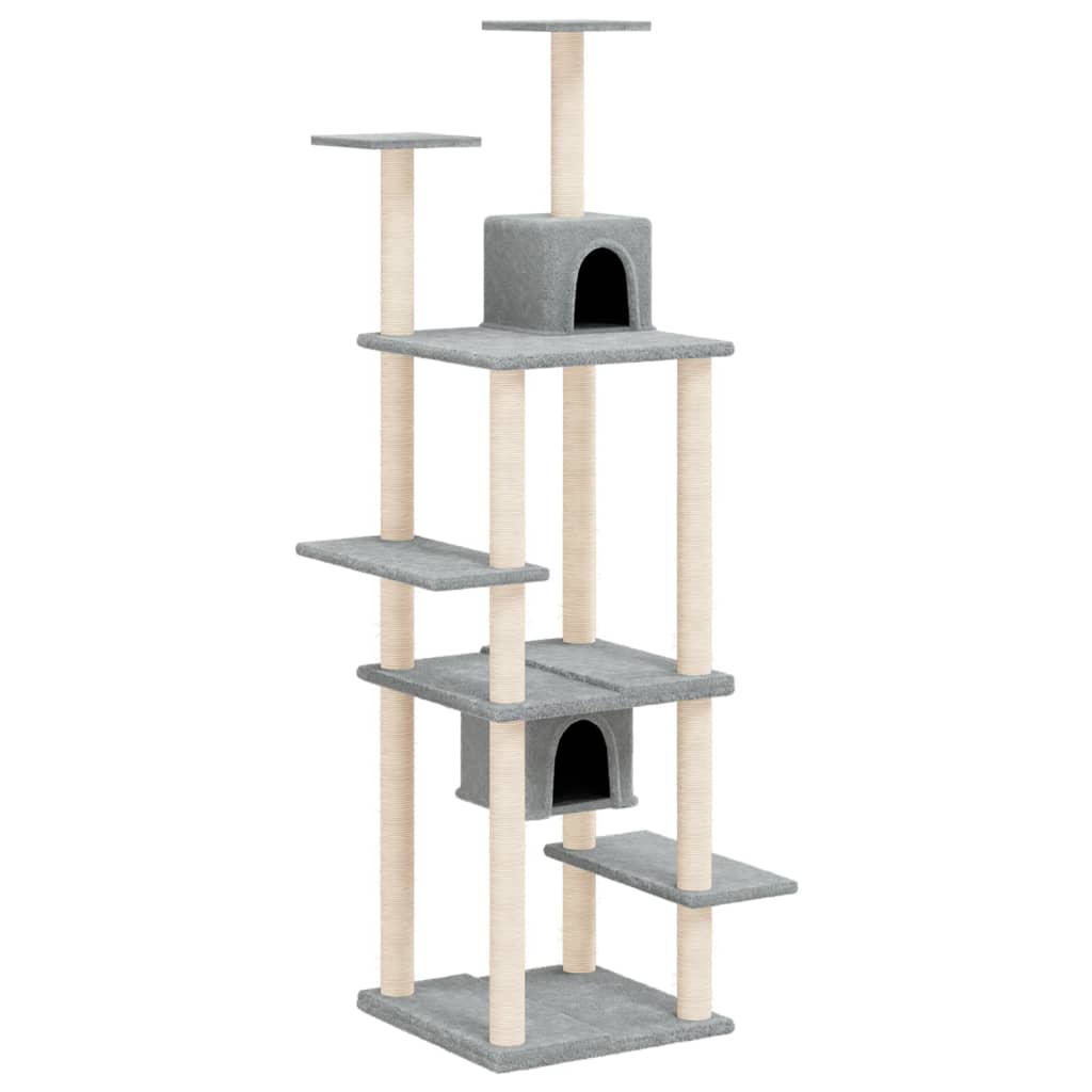 Cat house with sisal rope and scratching post, light grey, 176 cm