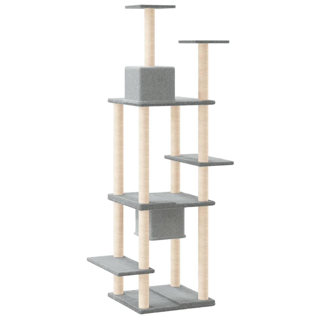 Cat house with sisal rope and scratching post, light grey, 176 cm