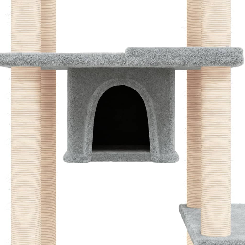 Cat house with sisal rope and scratching post, light grey, 176 cm