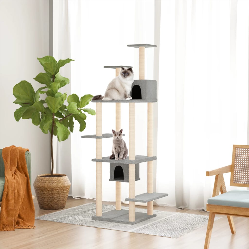 Cat house with sisal rope and scratching post, light grey, 176 cm