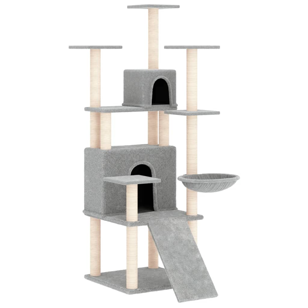 Cat house with sisal rope and scratching post, light grey, 154 cm