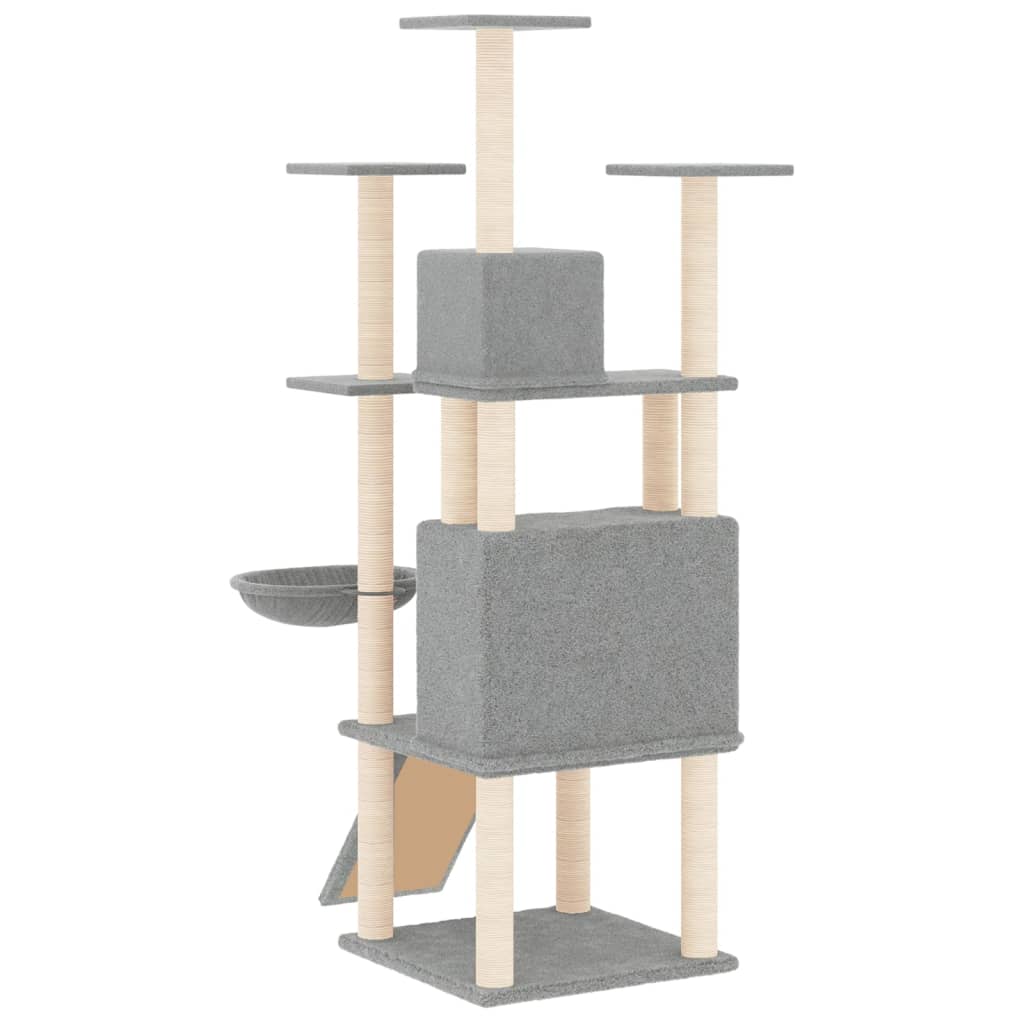 Cat house with sisal rope and scratching post, light grey, 154 cm