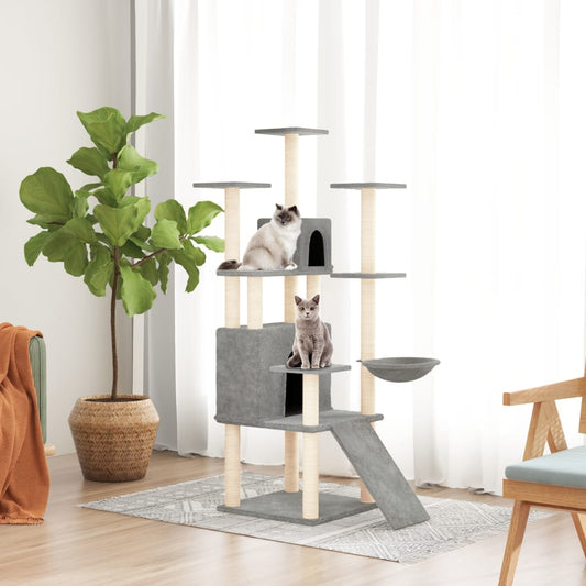 Cat house with sisal rope and scratching post, light grey, 154 cm