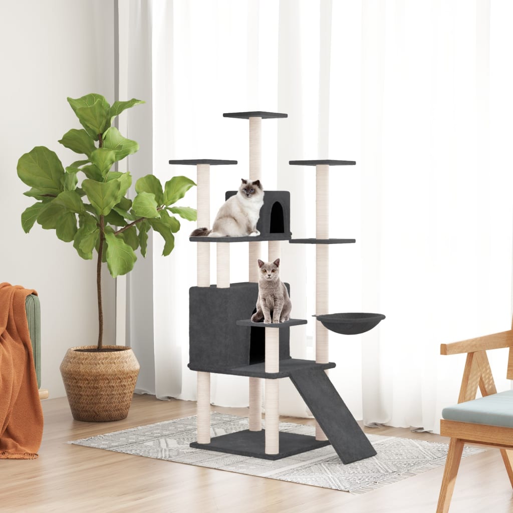 Cat house with sisal rope and scratching post, dark grey, 154 cm