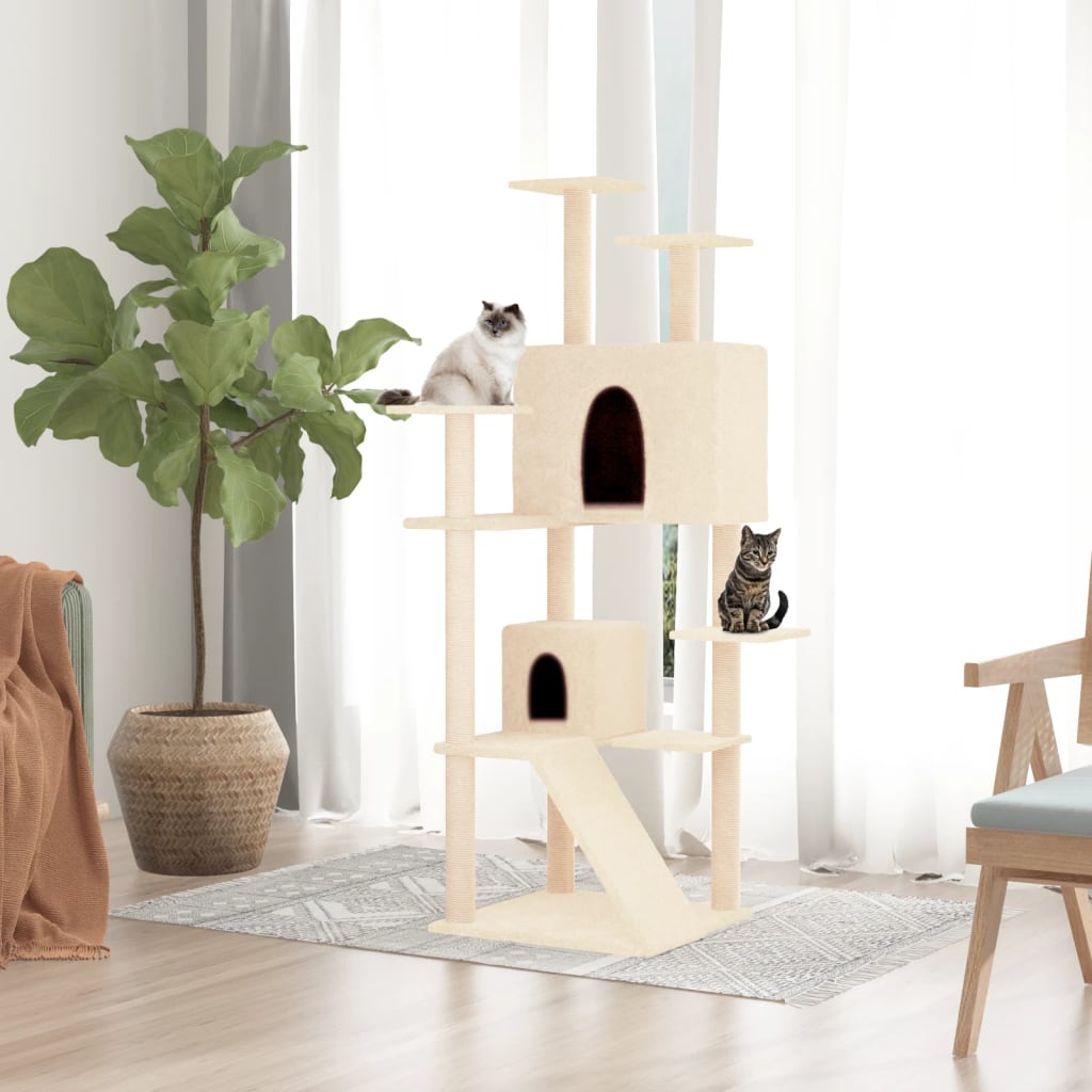 Cat house with sisal rope and scratching post, cream, 153 cm