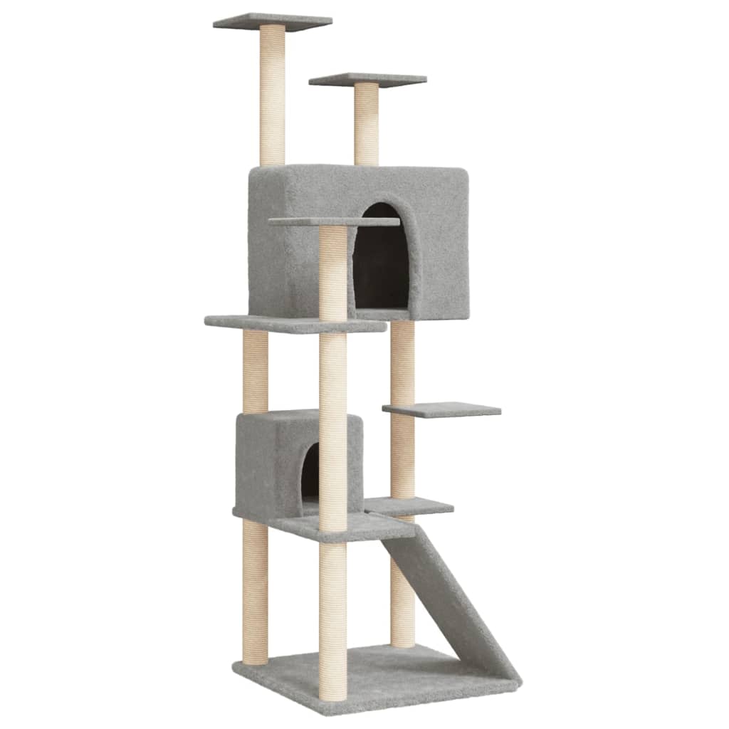 Cat house with sisal rope and scratching post, light grey, 153 cm